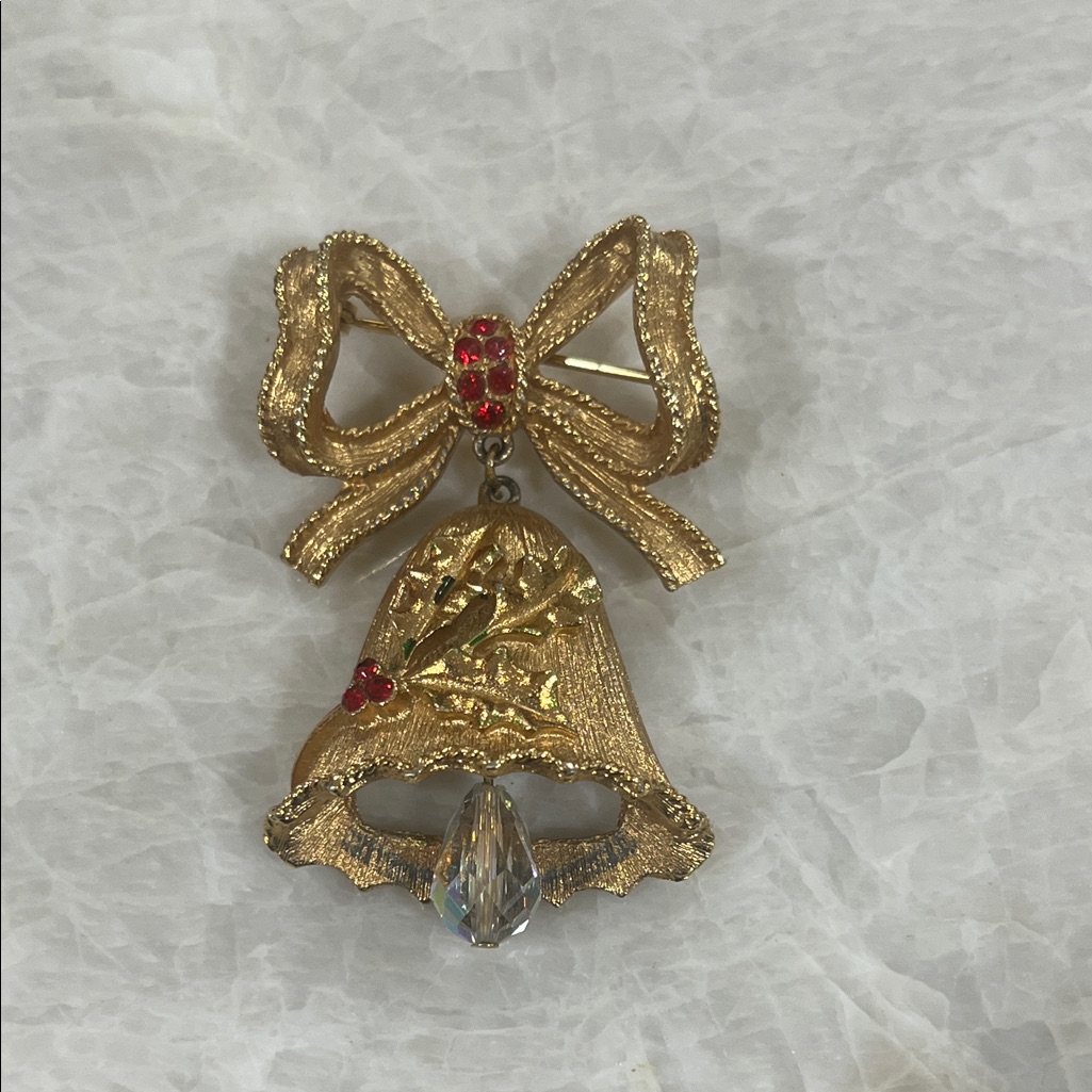 Vintage Mylu Christmas Bell Pin Brooch Rhinestones Aurora Borealis Gold Tone